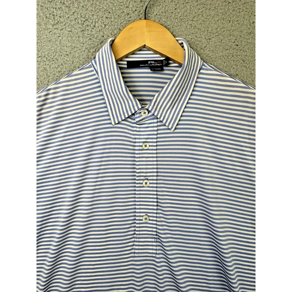 RLX Ralph Lauren Polo Golf Shirt Men Large Blue White Striped Performance Golfer